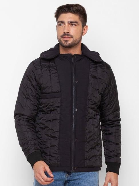 spykar black straight fit self pattern hooded jacket