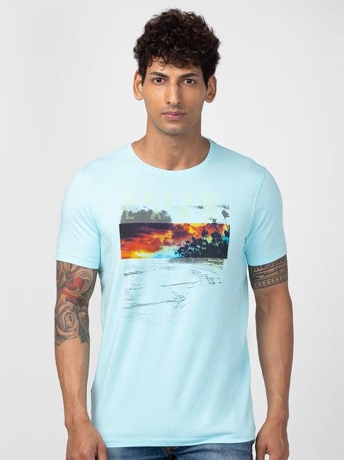 spykar bleached aqua cotton regular fit printed t-shirt