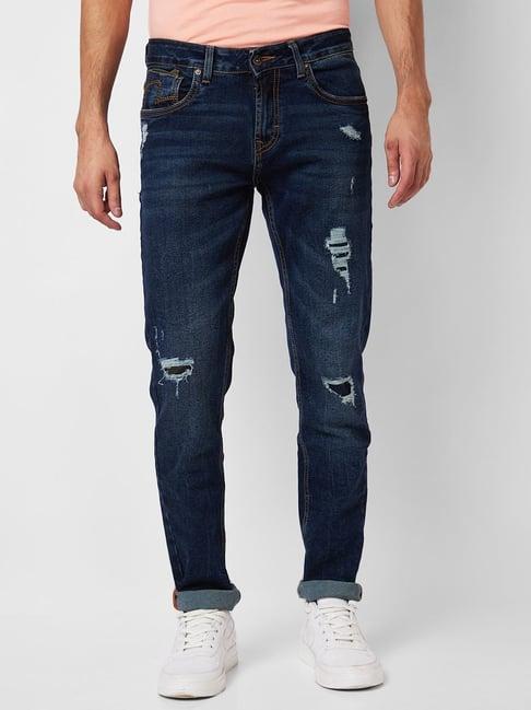 spykar blue cotton skinny fit distressed jeans