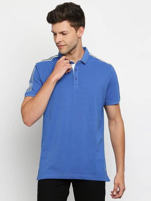 spykar blue cotton slim fit printed polo t-shirt