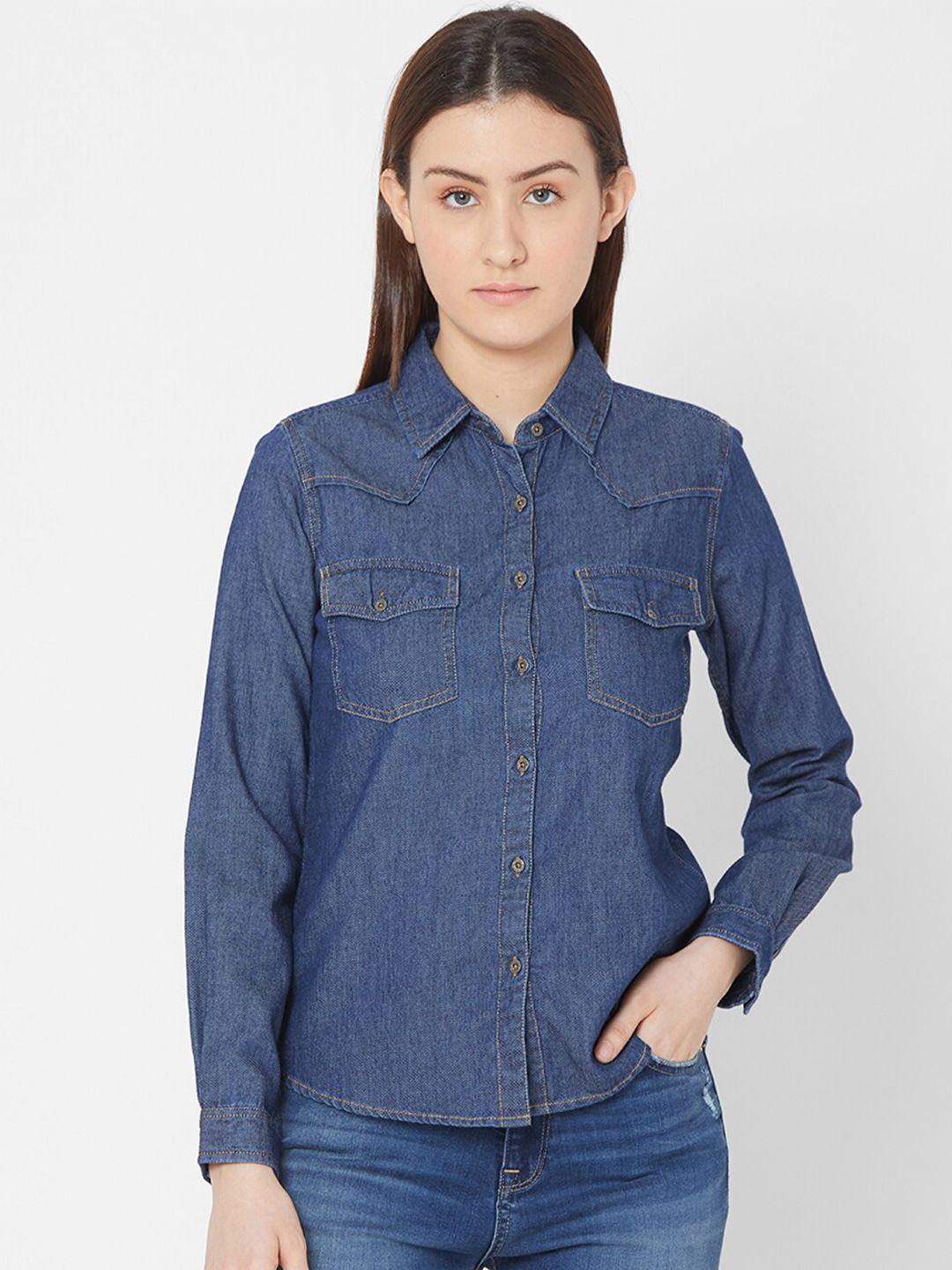 spykar blue pure cotton shirt style top