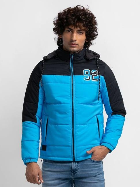 spykar blue straight fit colour block hooded jacket