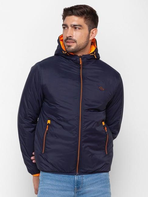 spykar blue straight fit hooded jacket