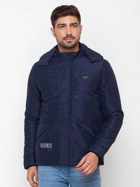 spykar blue straight fit self pattern hooded jacket