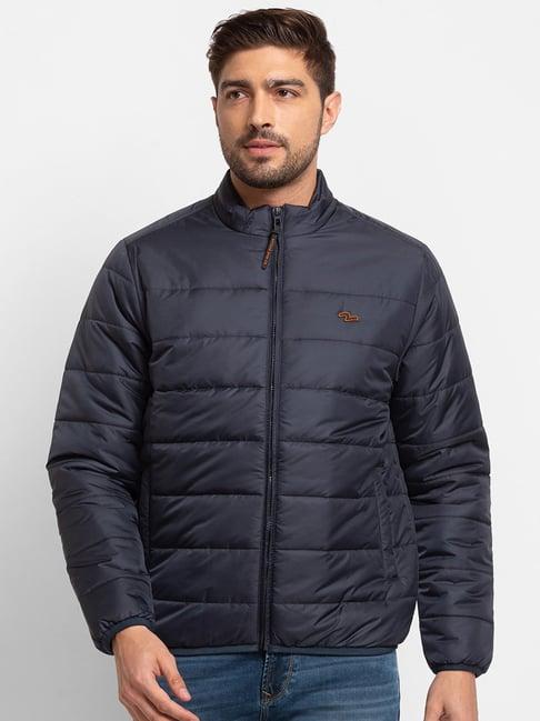 spykar blue straight fit self pattern jacket