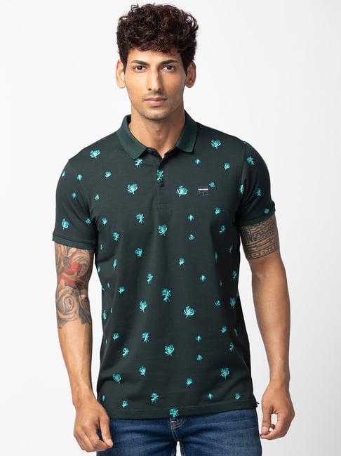 spykar bottle green cotton regular fit floral print polo t-shirt