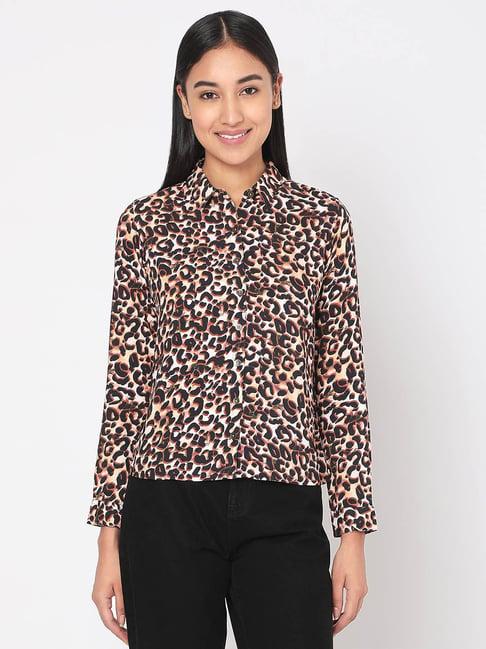 spykar brown & white cotton animal print shirt