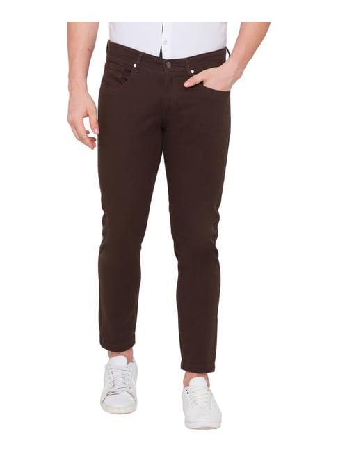 spykar brown cotton slim fit trousers