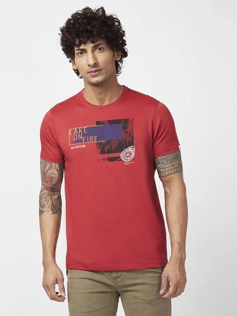 spykar burnt orange slim fit printed t-shirt