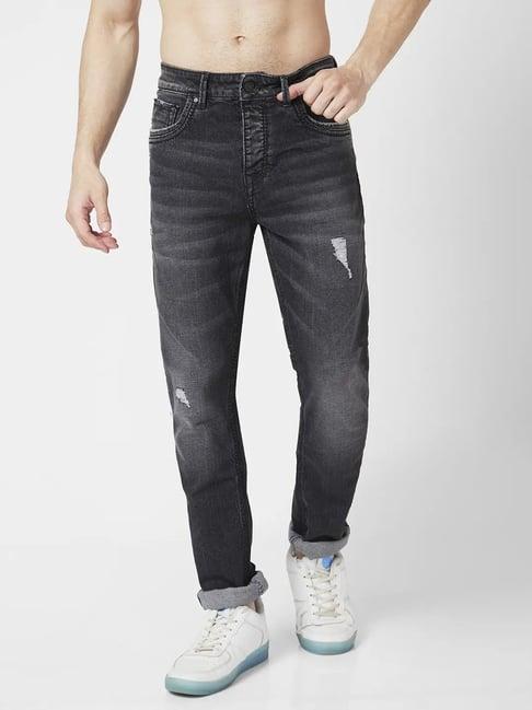 spykar carbon black cotton regular fit distressed jeans