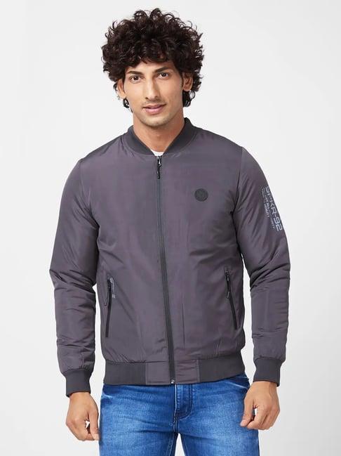 spykar charcoal grey puffer jacket with sleeve & zipper pocket printed detail