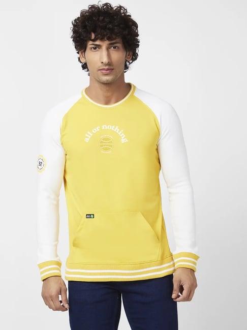 spykar chrome yellow & white slim fit colour block sweatshirt