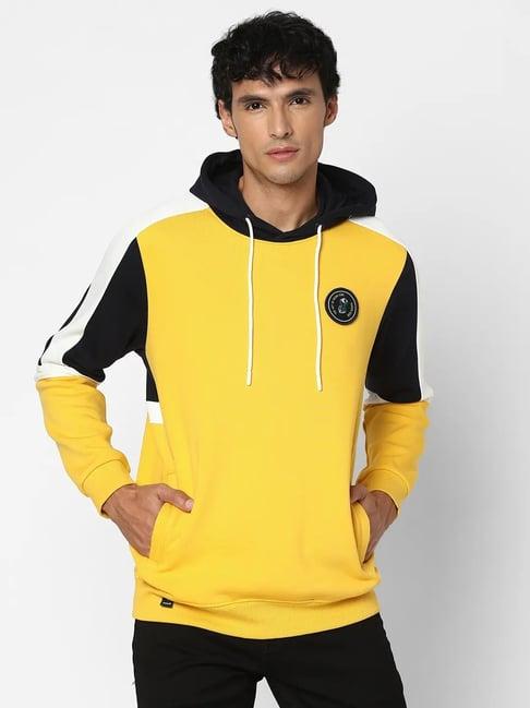 spykar chrome yellow regular fit colour block hooded sweatshirt