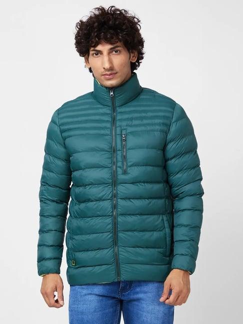 spykar dark green packable puffer jacket with branded print on neck