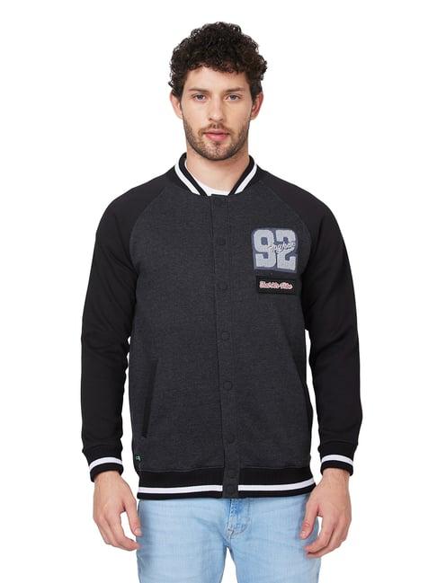 spykar dark grey regular fit embroidered bomber neck sweatshirt