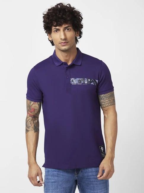 spykar deep purple slim fit printed polo t-shirt