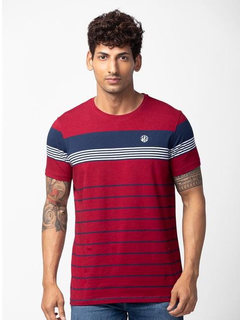 spykar deep red cotton regular fit striped t-shirt