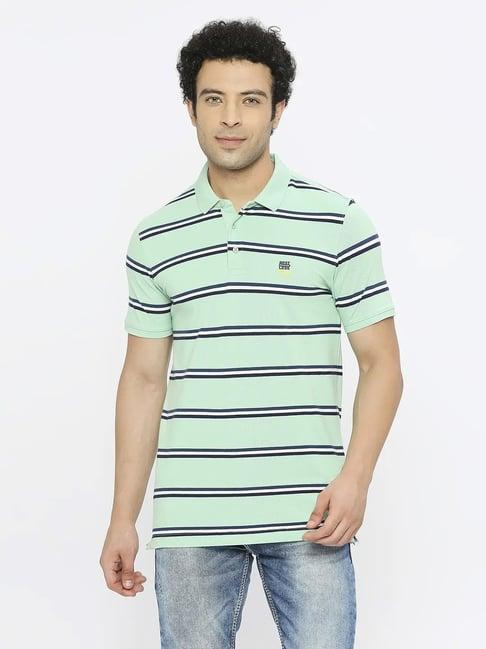 spykar dusty ice green  regular fit striped polo t-shirt