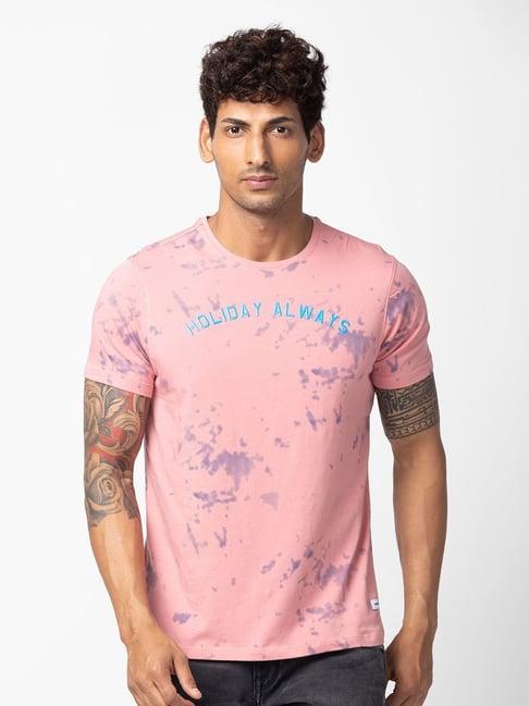 spykar dusty pink cotton regular fit printed t-shirt