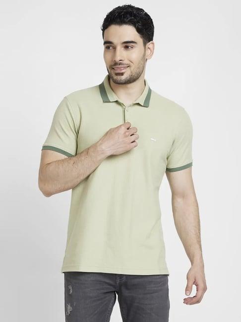 spykar dusty pista green cotton slim fit polo t-shirt