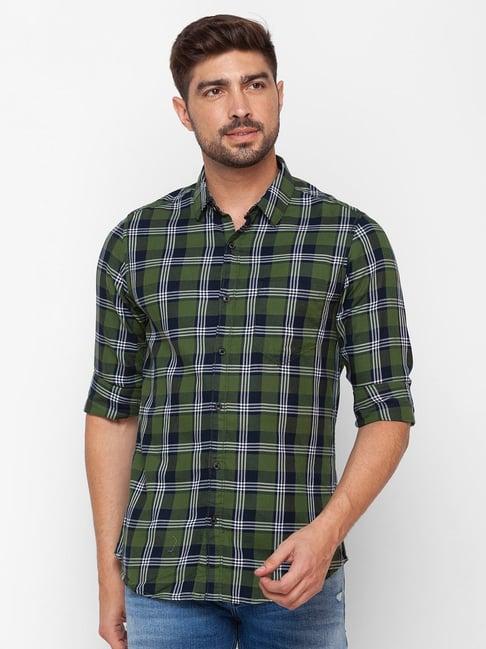 spykar green cotton slim fit checks shirt