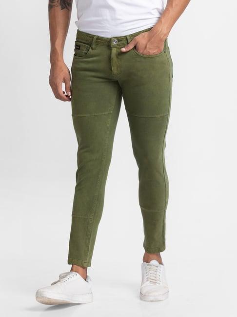 spykar green cotton slim fit chinos