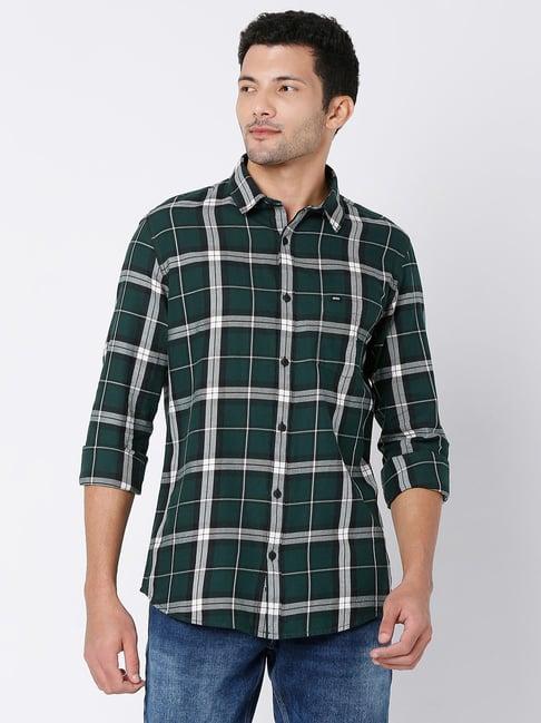 spykar green slim fit check shirt