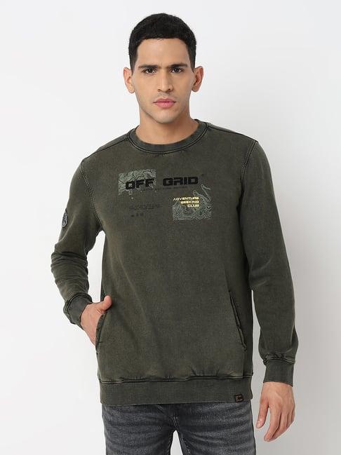 spykar green slim fit printed round neck sweatshirt