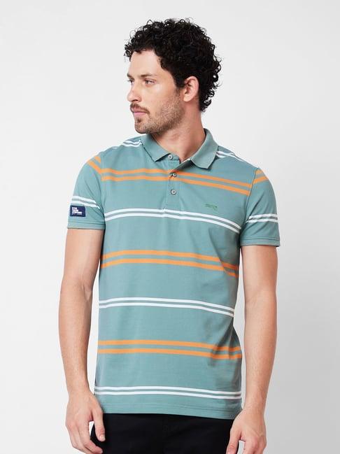 spykar green slim fit striped polo t-shirt
