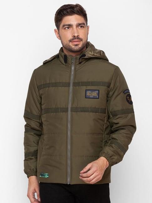 spykar green straight fit self pattern hooded jacket