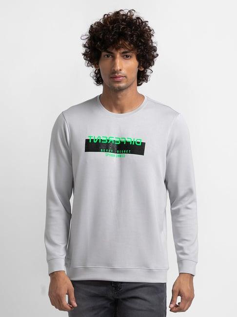 spykar grey cotton slim fit printed sweatshirt