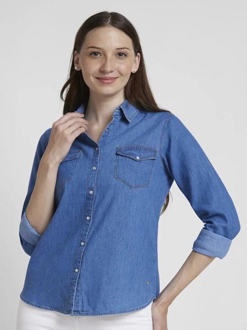 spykar light blue cotton regular fit shirt