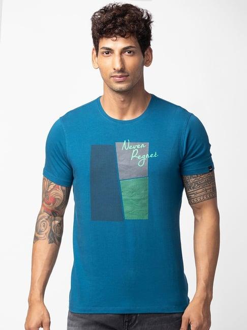 spykar light teal blue cotton regular fit printed t-shirt