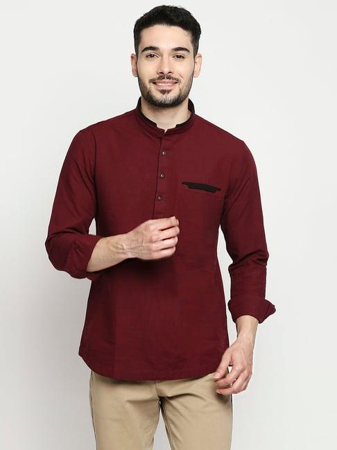 spykar maroon slim fit mandarin collar short kurta