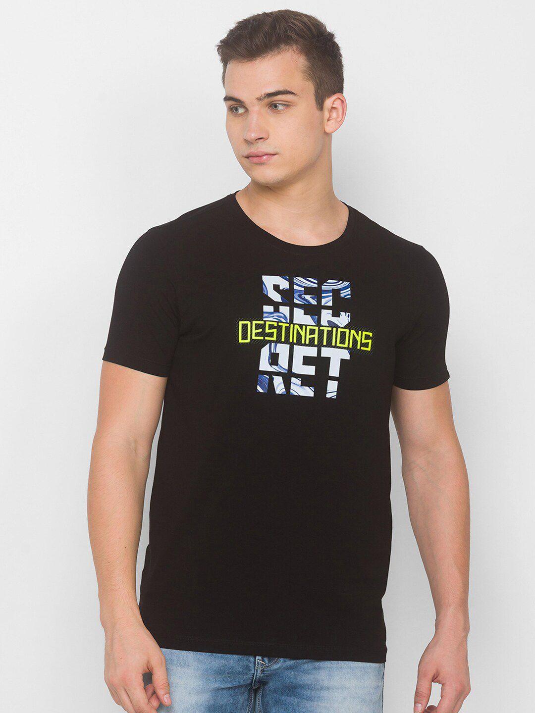 spykar men black & blue typography printed slim fit t-shirt
