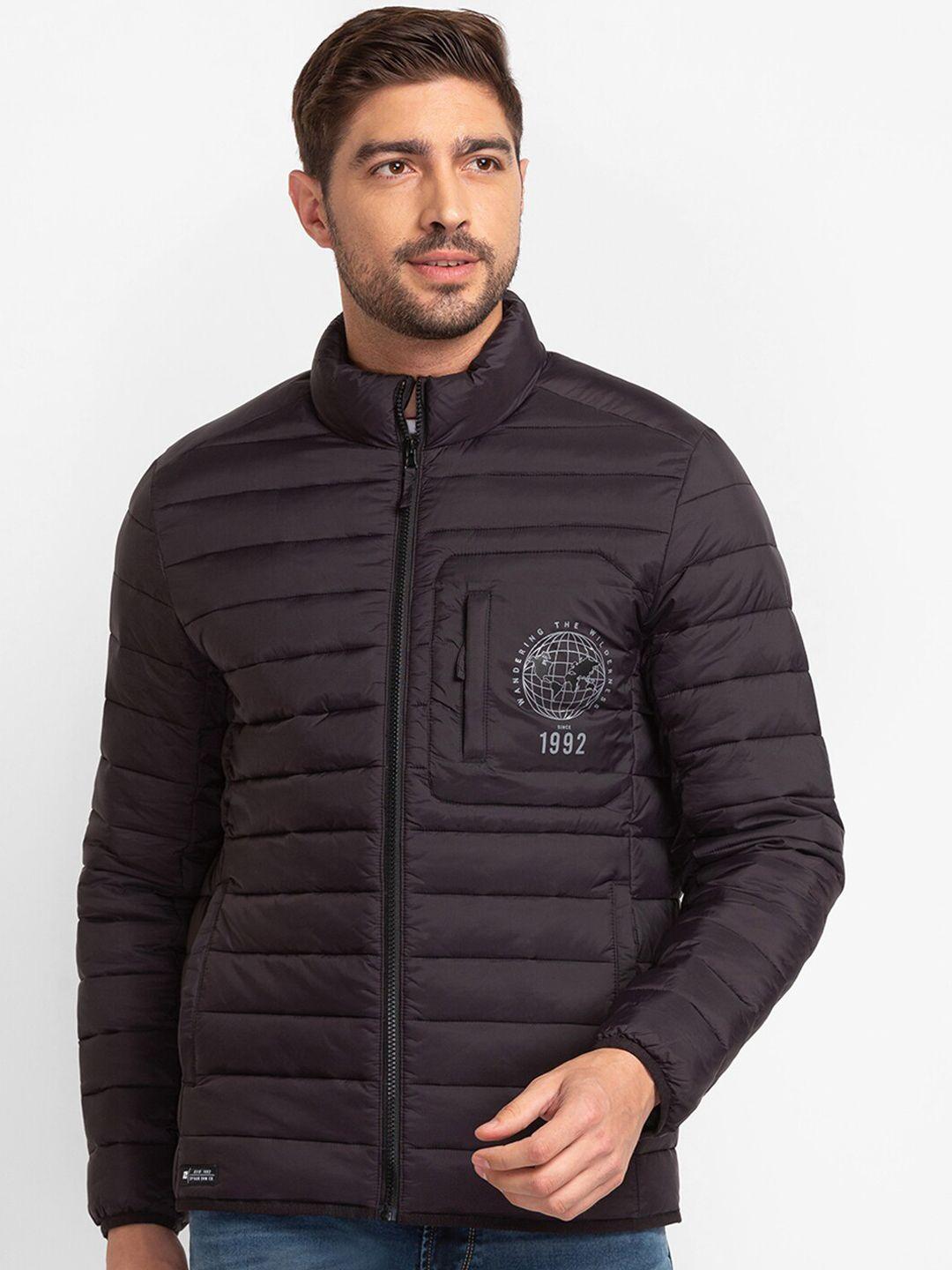 spykar men black puffer jacket with patchwork