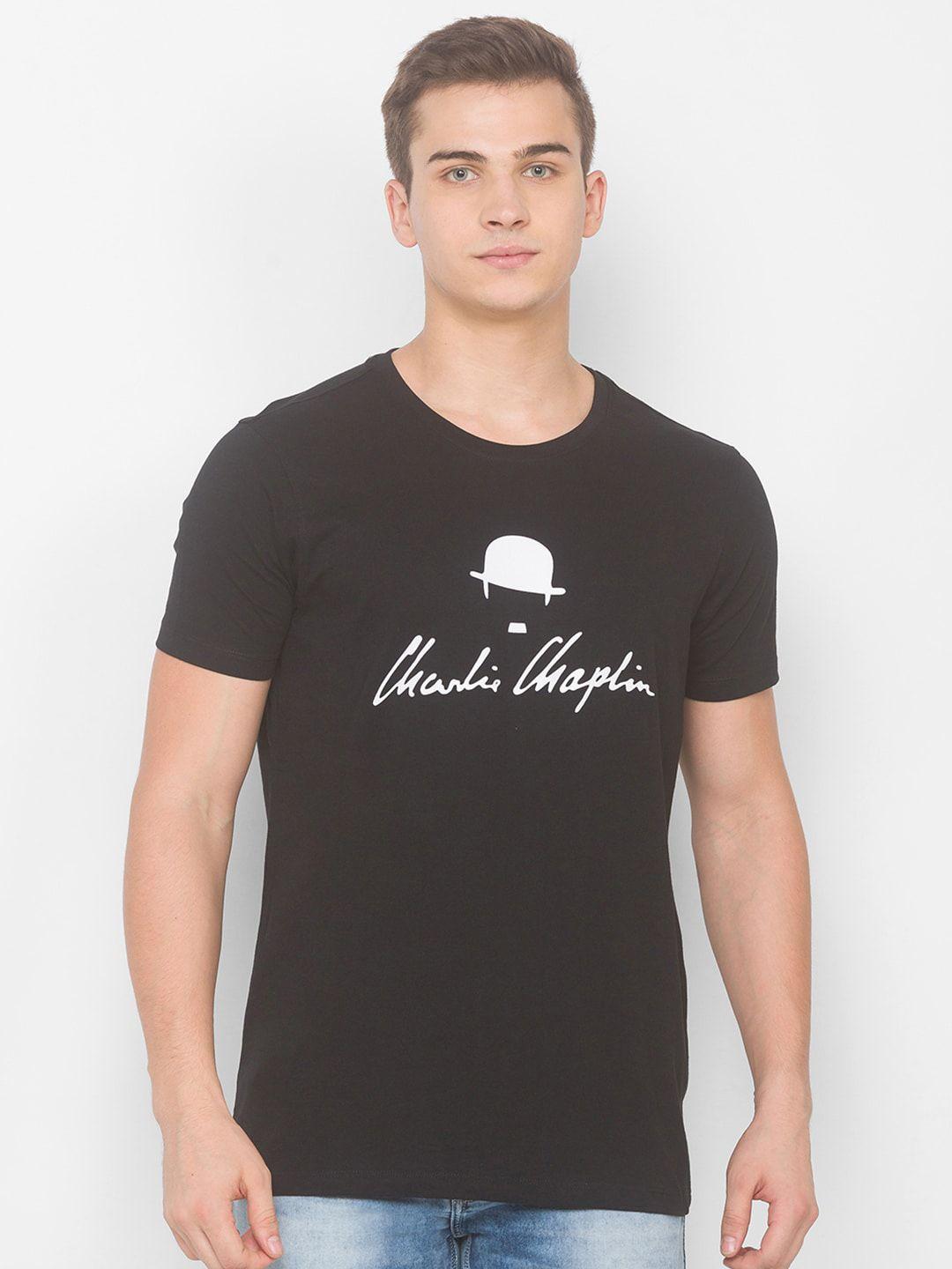 spykar men black typography printed slim fit cotton t-shirt