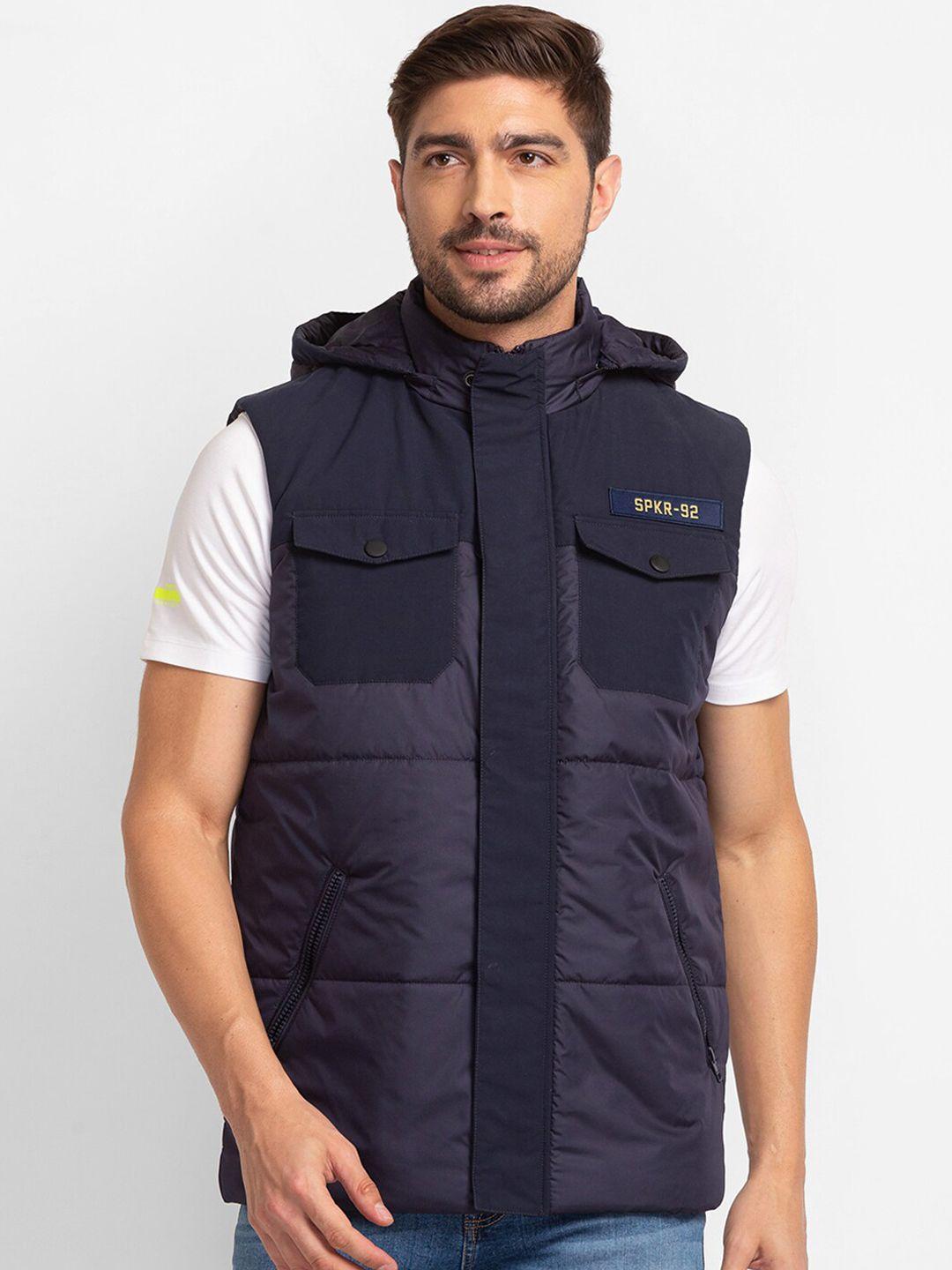 spykar men blue colourblocked padded jacket