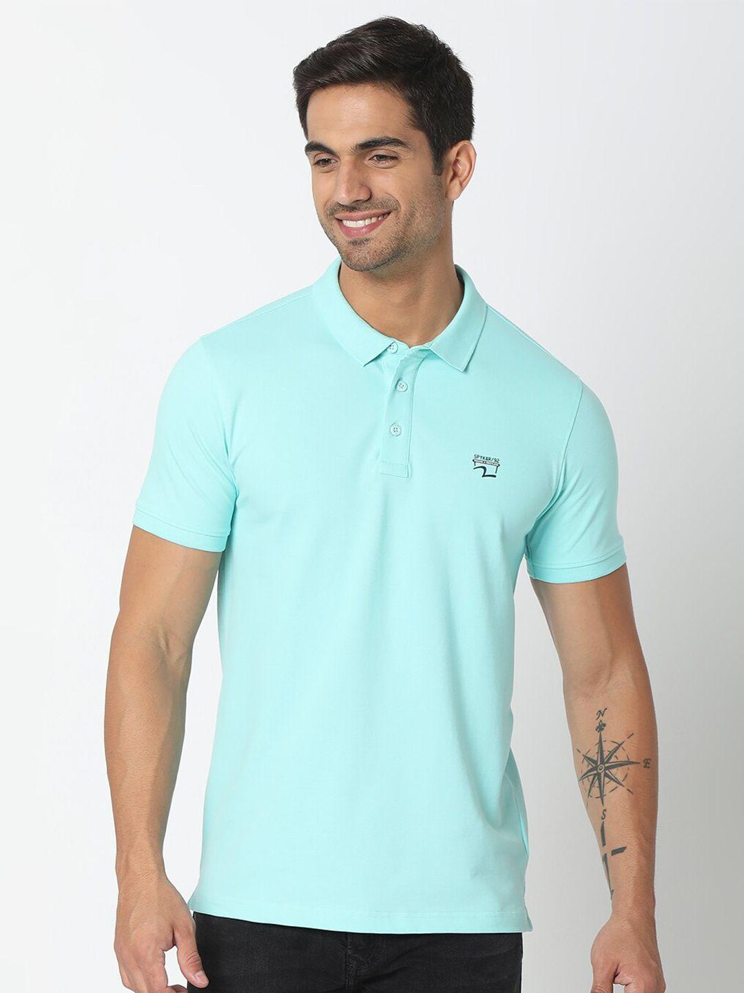 spykar men blue polo collar slim fit cotton t-shirt