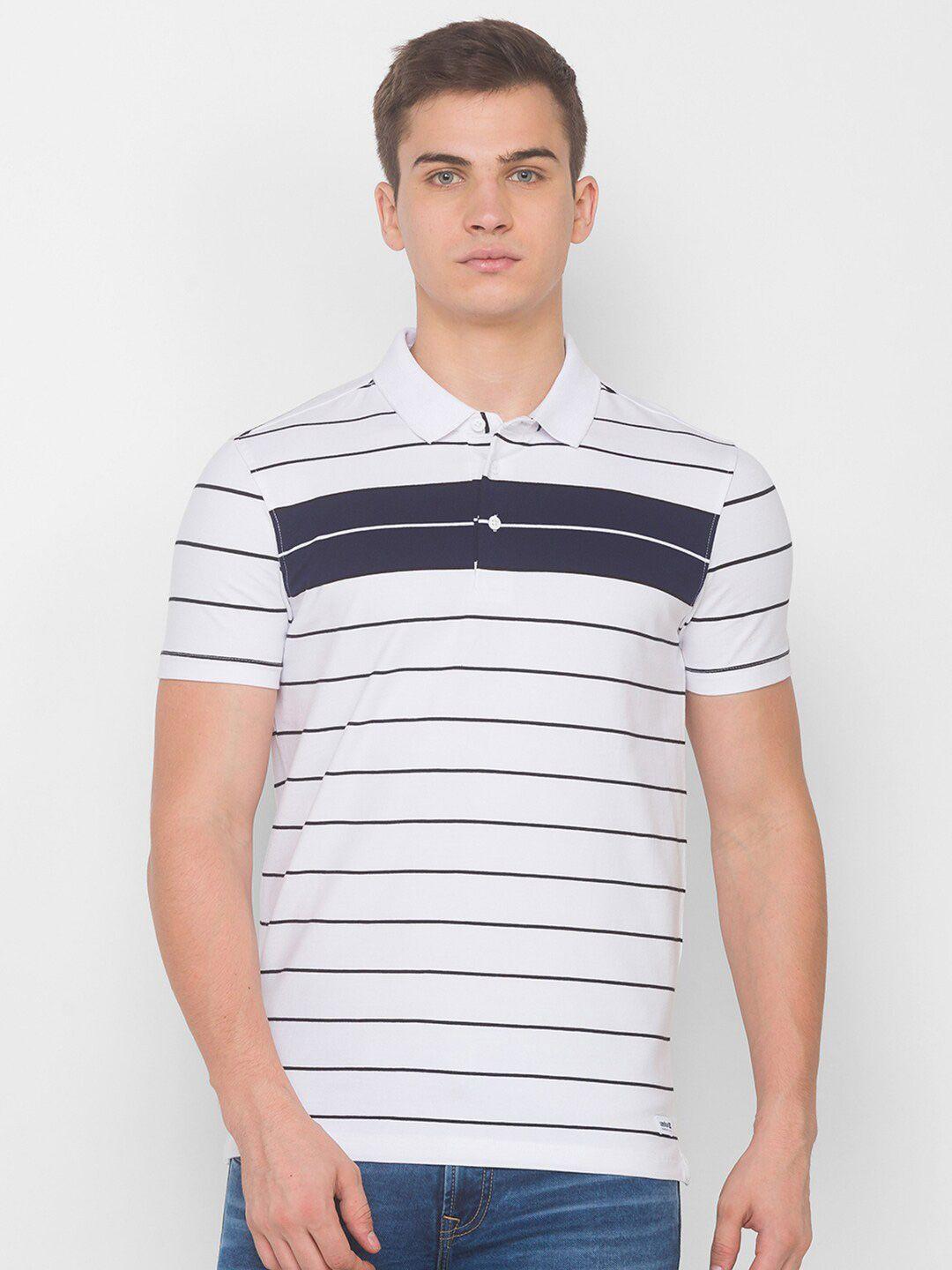 spykar men blue striped v-neck pockets slim fit t-shirt