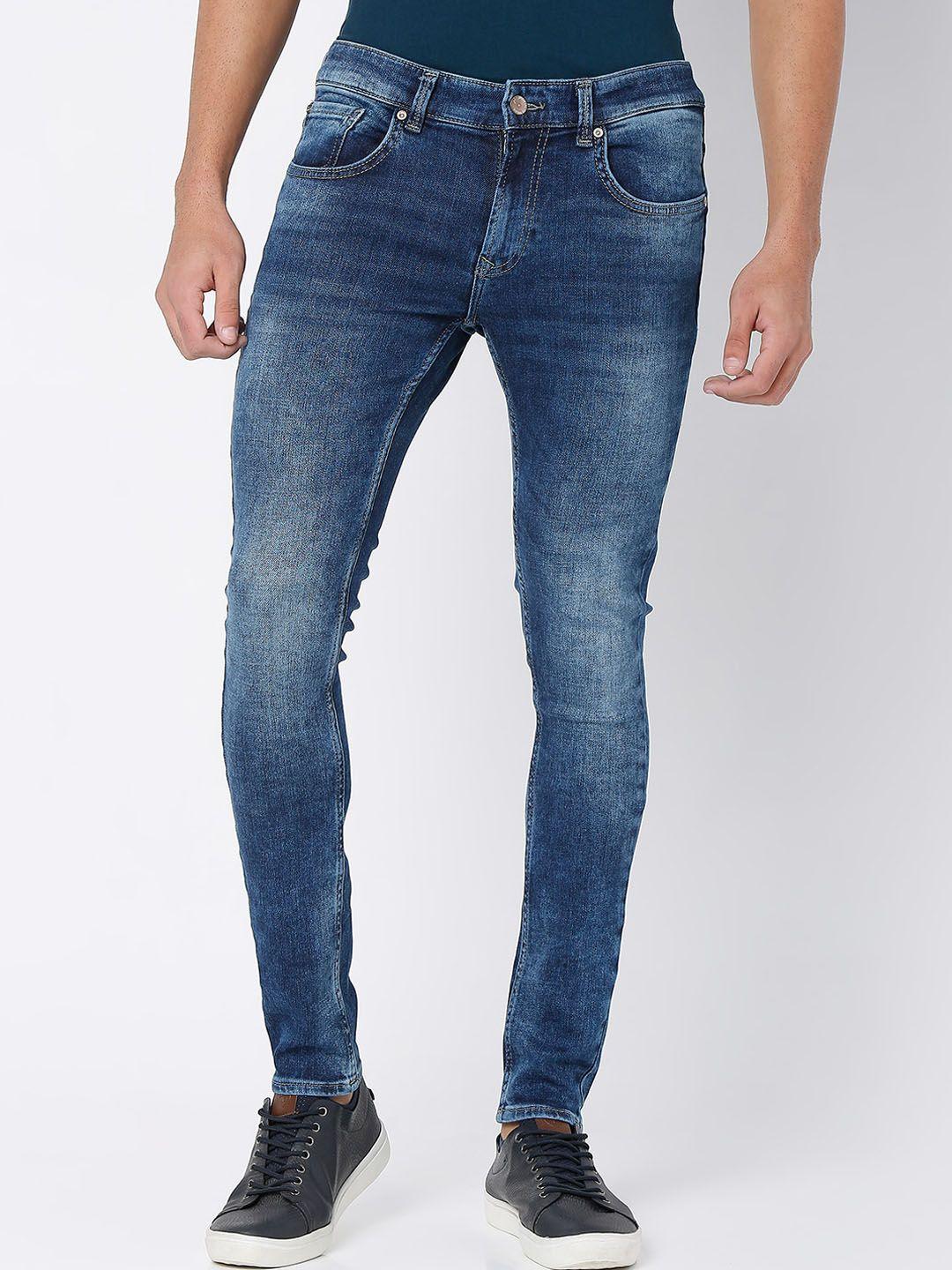 spykar men blue super skinny fit low-rise heavy fade jeans