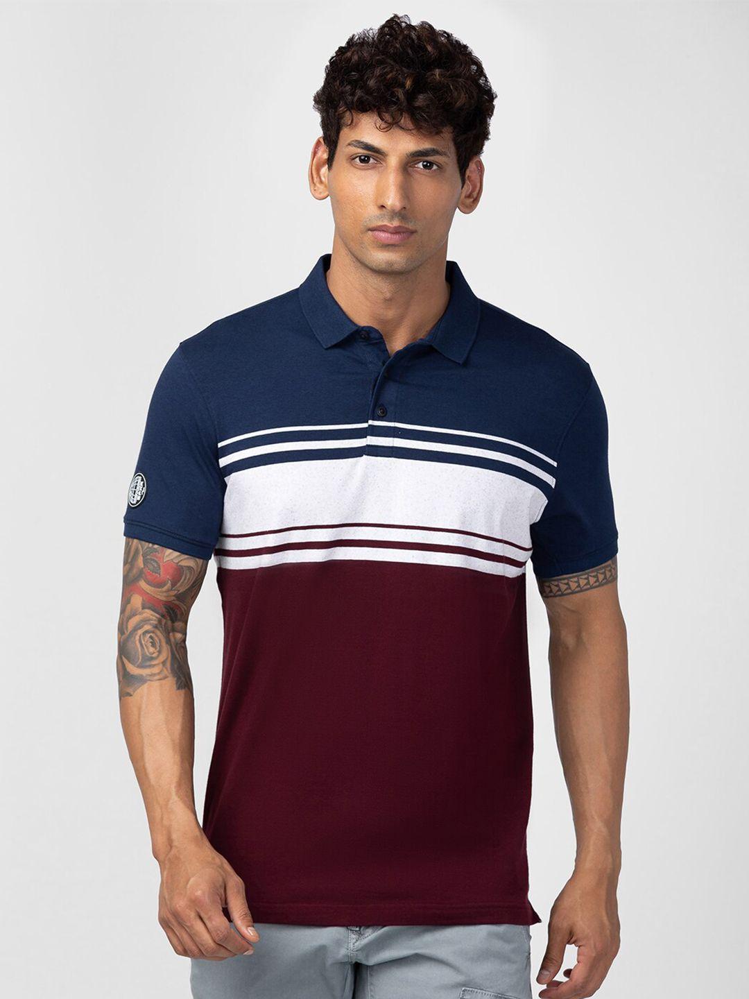 spykar men colourblocked polo collar slim fit cotton t-shirt
