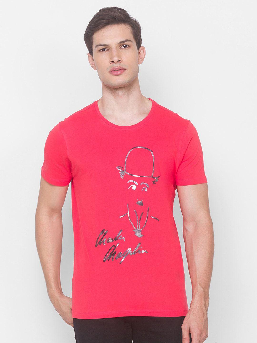 spykar men coral pink & blue printed slim fit t-shirt