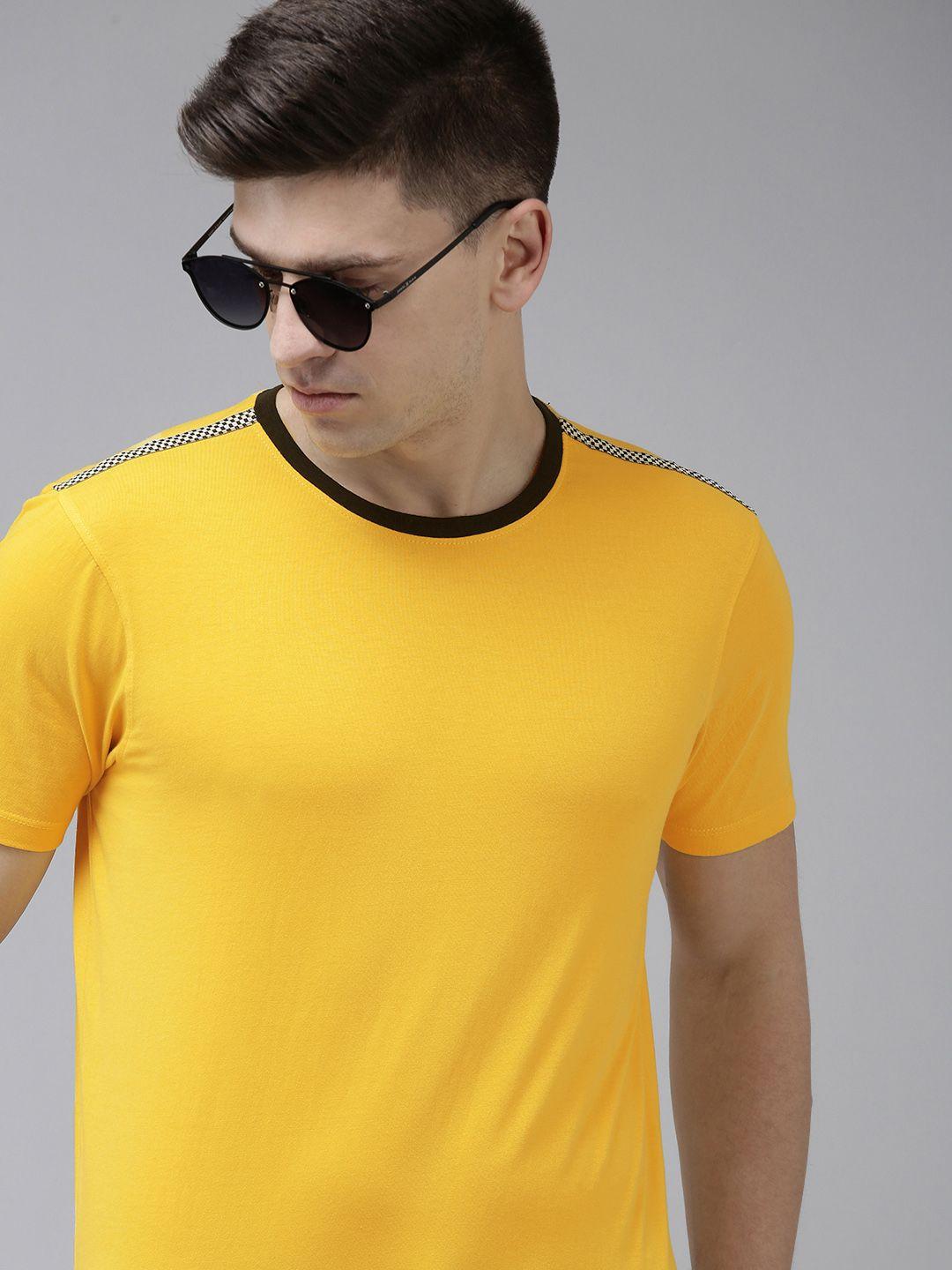 spykar men gold yellow solid slim fit t-shirt