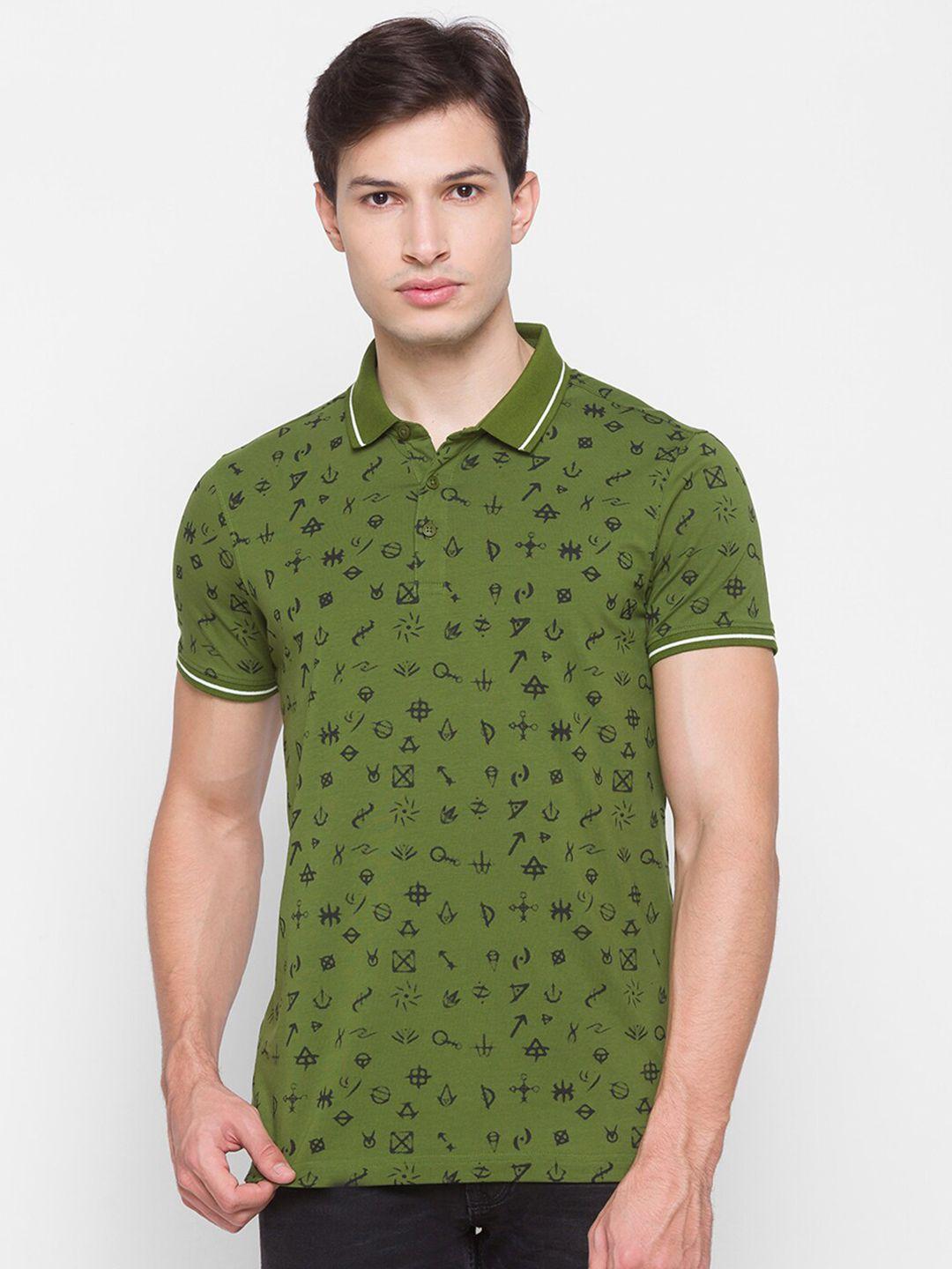 spykar men green & black printed polo collar slim fit t-shirt