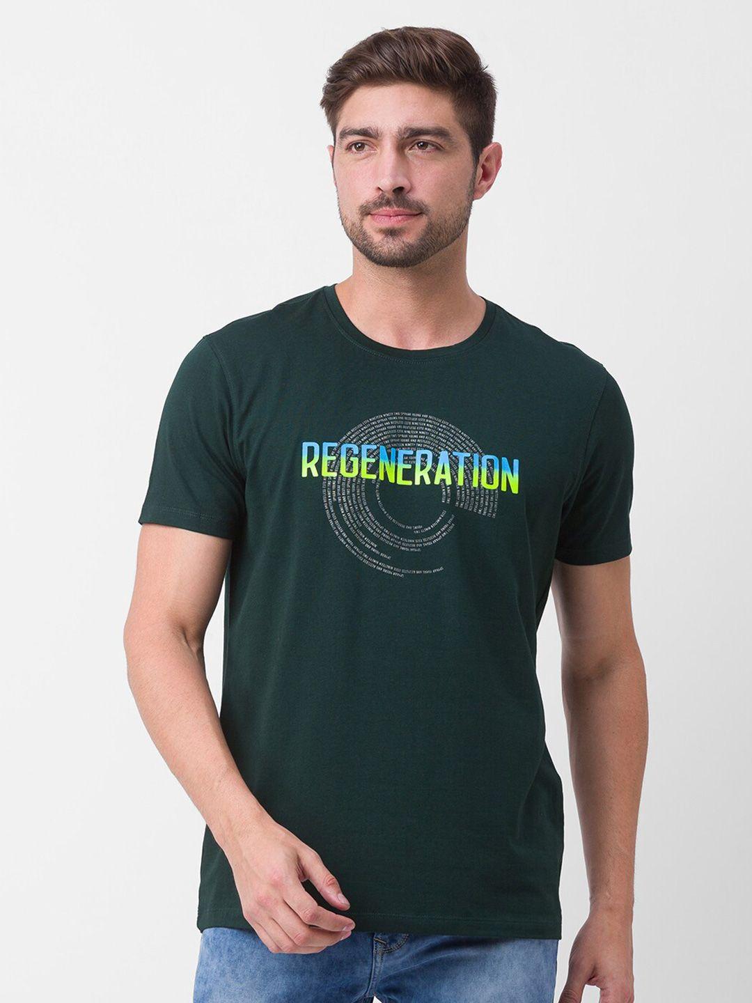 spykar men green & gunmetal typography printed slim fit t-shirt