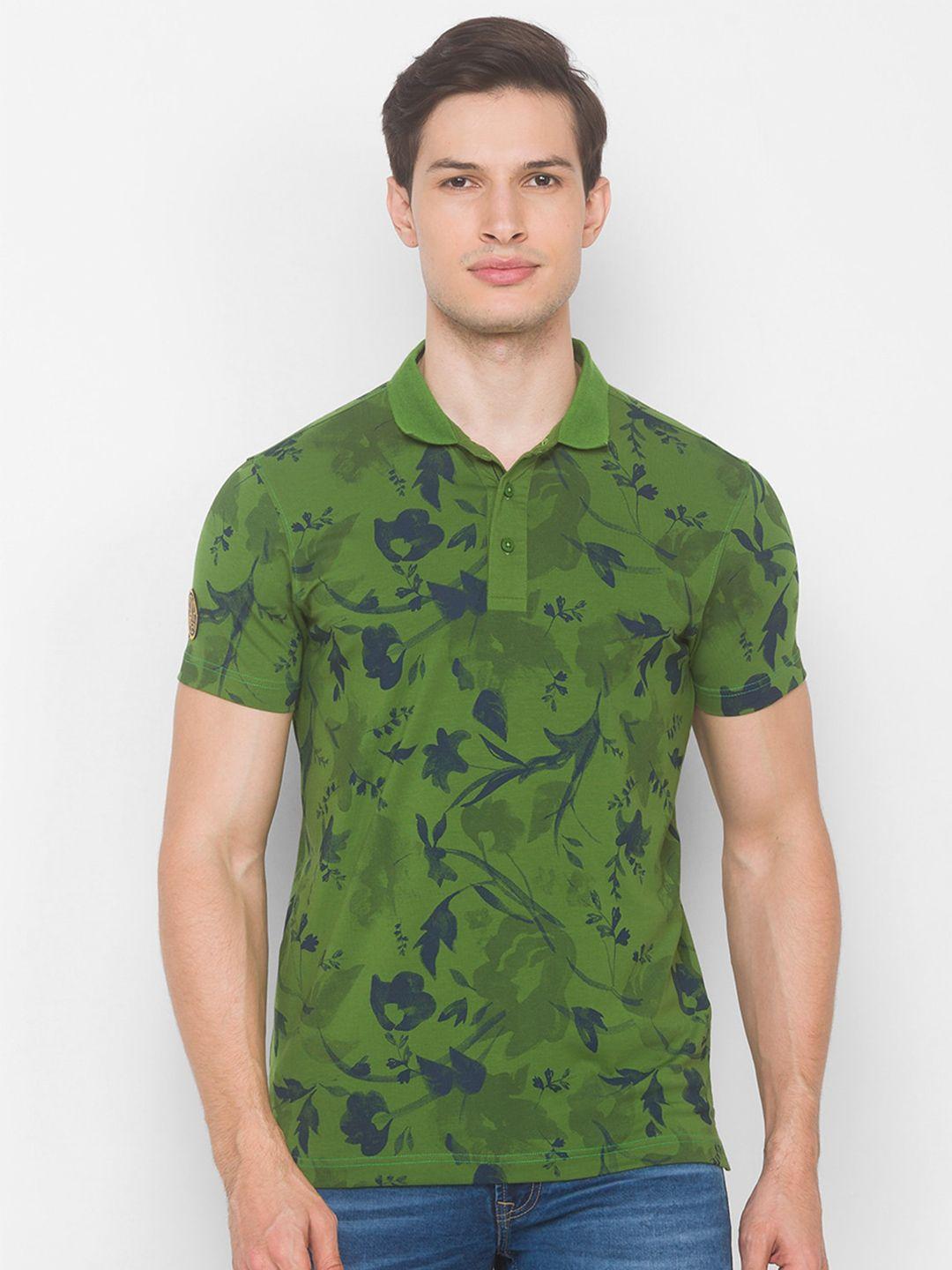 spykar men green floral printed polo collar slim fit t-shirt