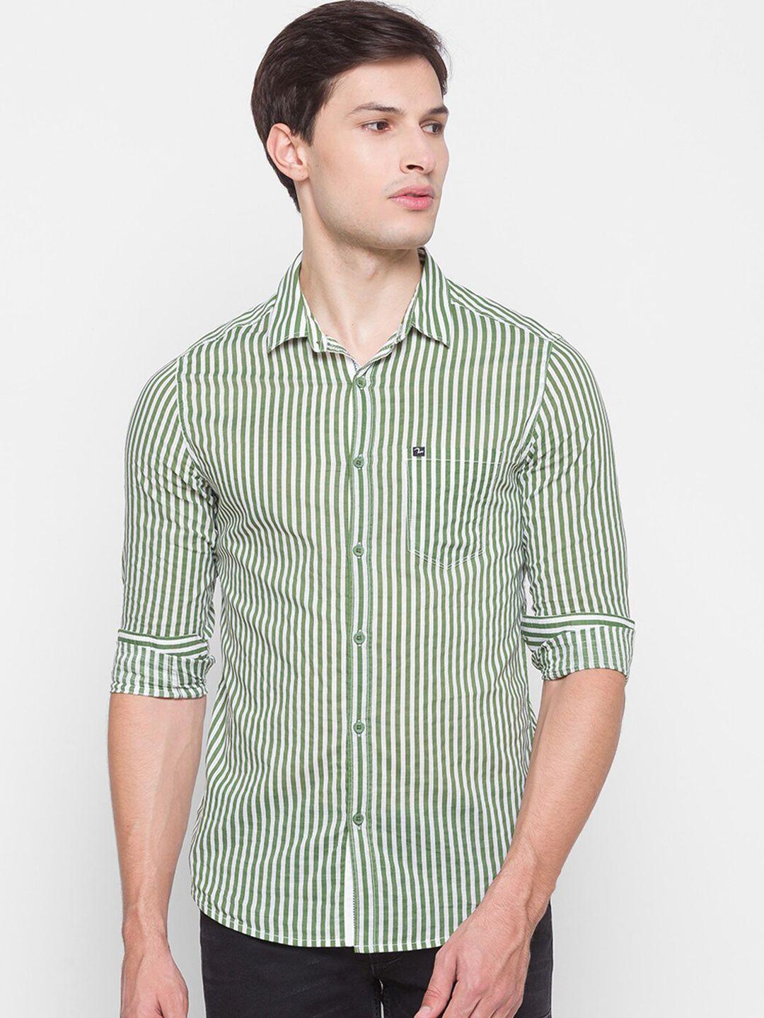 spykar men green slim fit opaque striped pure cotton casual shirt