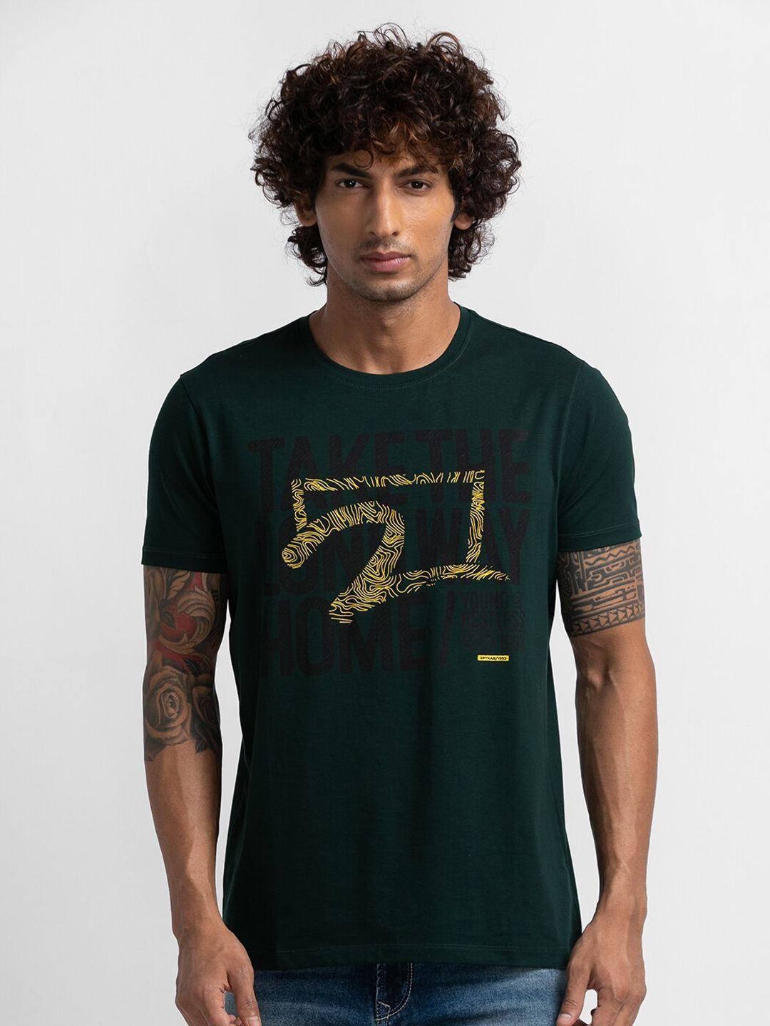 spykar men green typography printed raw edge slim fit t-shirt