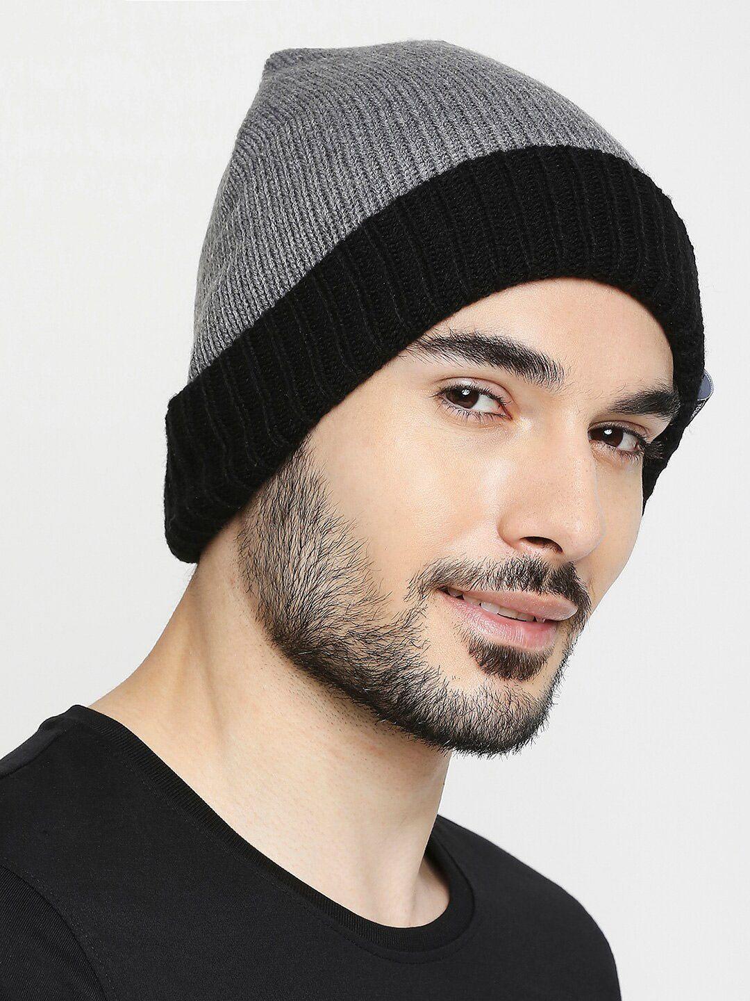 spykar men grey & black colourblocked cotton beanie